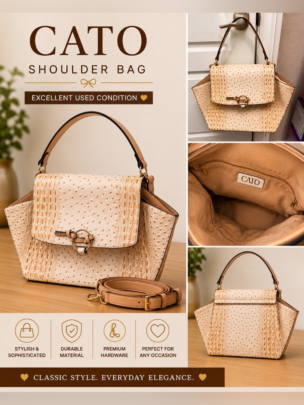 Cato Cream and Tan Ostrich-Texture Top-Handle Satchel